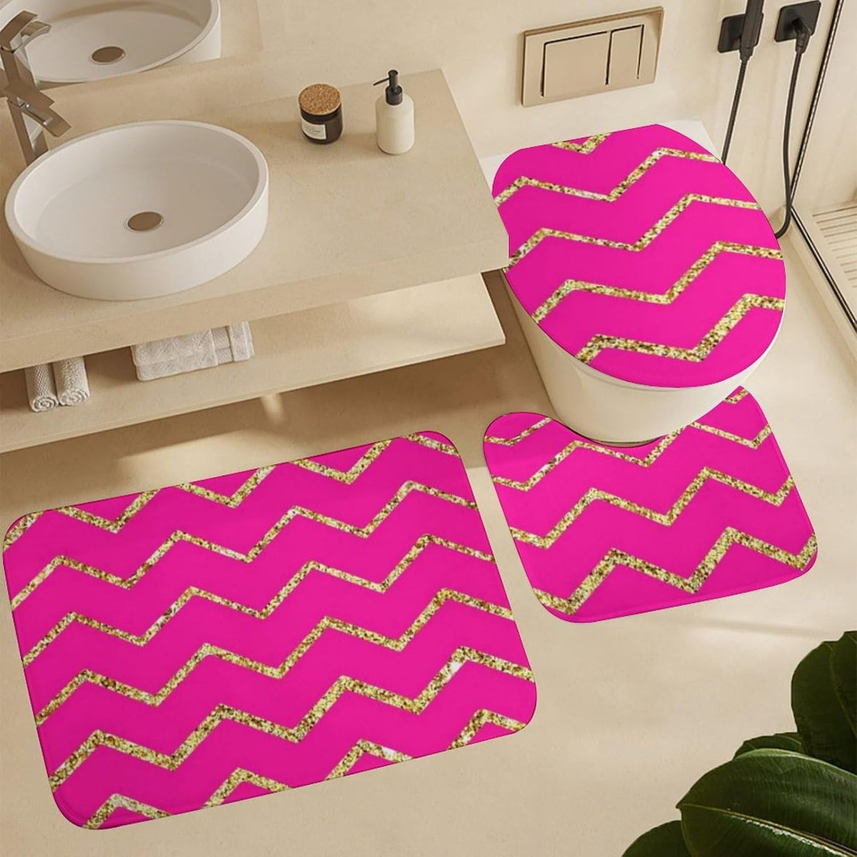 3 Pieces Bath Rug Set, Chevron Zig Zag Pink Gold Glitter Pattern Bathroom Mat Set Non Slip & Absorbent Bath Carpet, U Shaped Contour Rug & Toilet Lid Cover