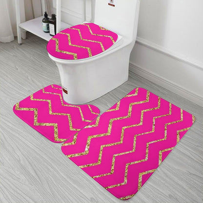 3 Pieces Bath Rug Set, Chevron Zig Zag Pink Gold Glitter Pattern Bathroom Mat Set Non Slip & Absorbent Bath Carpet, U Shaped Contour Rug & Toilet Lid Cover