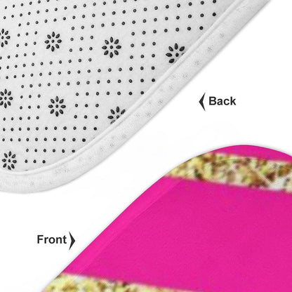 3 Pieces Bath Rug Set, Chevron Zig Zag Pink Gold Glitter Pattern Bathroom Mat Set Non Slip & Absorbent Bath Carpet, U Shaped Contour Rug & Toilet Lid Cover