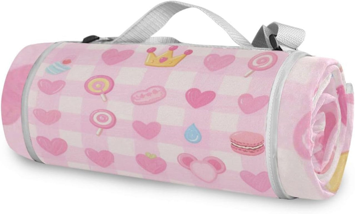 Round Lake Day Essentials - Fits 2 Adults, Summer Accessories Water-Resistant Waterproof Blanket Dual Layer, Sand-Free, Soft Throw Rug 58 in (Cute Pink Sweet Character Lines)