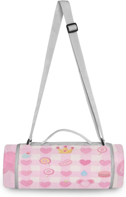 Round Lake Day Essentials - Fits 2 Adults, Summer Accessories Water-Resistant Waterproof Blanket Dual Layer, Sand-Free, Soft Throw Rug 58 in (Cute Pink Sweet Character Lines)
