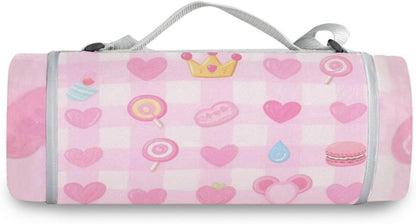 Round Lake Day Essentials - Fits 2 Adults, Summer Accessories Water-Resistant Waterproof Blanket Dual Layer, Sand-Free, Soft Throw Rug 58 in (Cute Pink Sweet Character Lines)