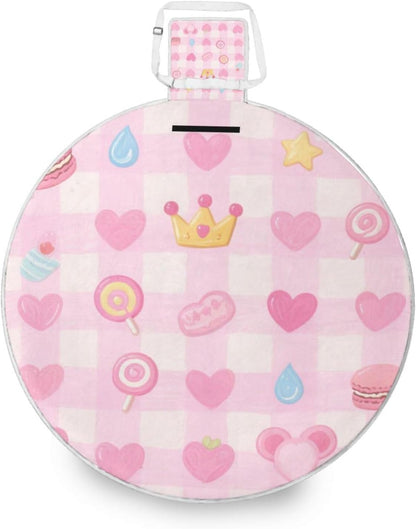 Round Lake Day Essentials - Fits 2 Adults, Summer Accessories Water-Resistant Waterproof Blanket Dual Layer, Sand-Free, Soft Throw Rug 58 in (Cute Pink Sweet Character Lines)