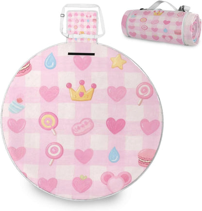 Round Lake Day Essentials - Fits 2 Adults, Summer Accessories Water-Resistant Waterproof Blanket Dual Layer, Sand-Free, Soft Throw Rug 58 in (Cute Pink Sweet Character Lines)