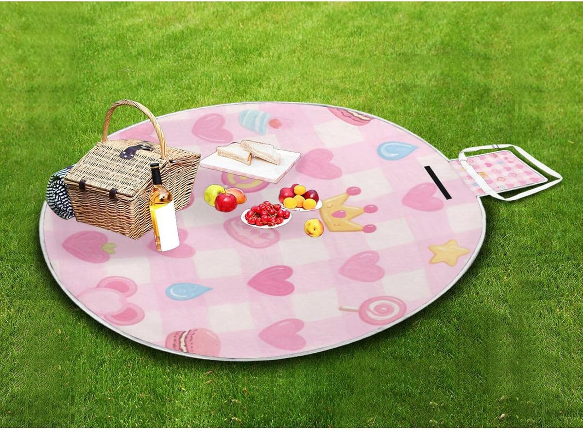 Round Lake Day Essentials - Fits 2 Adults, Summer Accessories Water-Resistant Waterproof Blanket Dual Layer, Sand-Free, Soft Throw Rug 58 in (Cute Pink Sweet Character Lines)