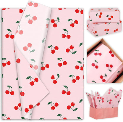 100 Sheets Cherry Tissue Paper Pink Gift Wrapping Paper Summer Fruit Decorative Art Tissue for DIY Crafts Small Business Birthday Party Decor, 14 x 20 Inch
