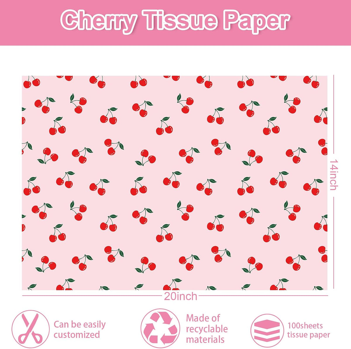 100 Sheets Cherry Tissue Paper Pink Gift Wrapping Paper Summer Fruit Decorative Art Tissue for DIY Crafts Small Business Birthday Party Decor, 14 x 20 Inch