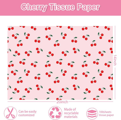 100 Sheets Cherry Tissue Paper Pink Gift Wrapping Paper Summer Fruit Decorative Art Tissue for DIY Crafts Small Business Birthday Party Decor, 14 x 20 Inch