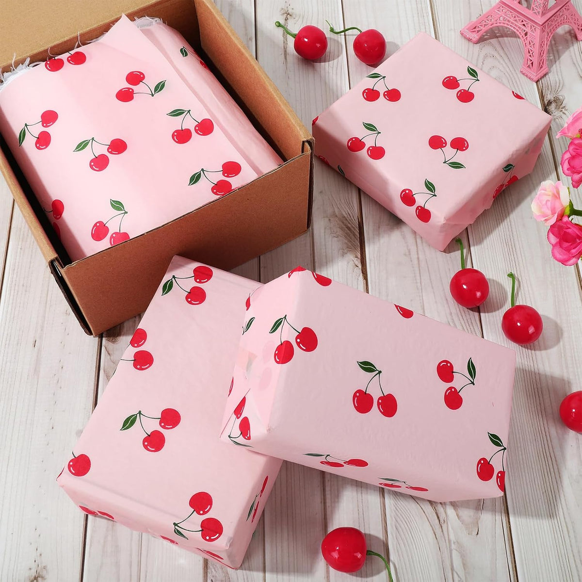 100 Sheets Cherry Tissue Paper Pink Gift Wrapping Paper Summer Fruit Decorative Art Tissue for DIY Crafts Small Business Birthday Party Decor, 14 x 20 Inch