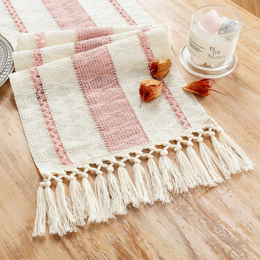 Pink Table Runner 60 Inches Long Boho Macrame Table Runner for Home Decor, Farmhouse Table Runners with Tassels for Party Bohemian Rustic Bridal Shower Dining Decor 12x60 Inches