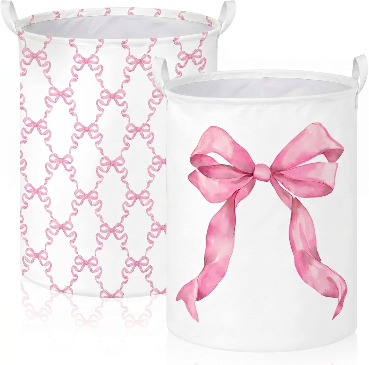 2 Pcs Pink Bow Laundry Hamper Basket Large 19.7x14.6 Inch Round Collapsible Bow Toy Storage Organizer Bin with Waterproof Layer for Closet Bedroom Playroom Nursery Toy Dirty Cloth
