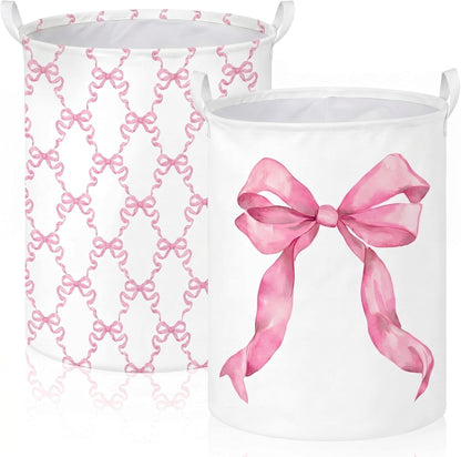 2 Pcs Pink Bow Laundry Hamper Basket Large 19.7x14.6 Inch Round Collapsible Bow Toy Storage Organizer Bin with Waterproof Layer for Closet Bedroom Playroom Nursery Toy Dirty Cloth