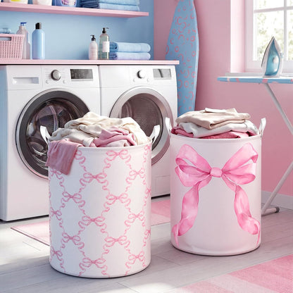 2 Pcs Pink Bow Laundry Hamper Basket Large 19.7x14.6 Inch Round Collapsible Bow Toy Storage Organizer Bin with Waterproof Layer for Closet Bedroom Playroom Nursery Toy Dirty Cloth