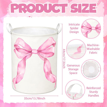 2 Pcs Pink Bow Laundry Hamper Basket Large 19.7x14.6 Inch Round Collapsible Bow Toy Storage Organizer Bin with Waterproof Layer for Closet Bedroom Playroom Nursery Toy Dirty Cloth