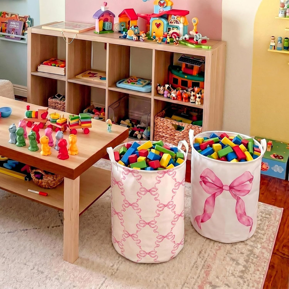 2 Pcs Pink Bow Laundry Hamper Basket Large 19.7x14.6 Inch Round Collapsible Bow Toy Storage Organizer Bin with Waterproof Layer for Closet Bedroom Playroom Nursery Toy Dirty Cloth