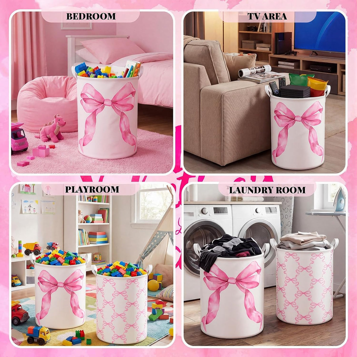 2 Pcs Pink Bow Laundry Hamper Basket Large 19.7x14.6 Inch Round Collapsible Bow Toy Storage Organizer Bin with Waterproof Layer for Closet Bedroom Playroom Nursery Toy Dirty Cloth