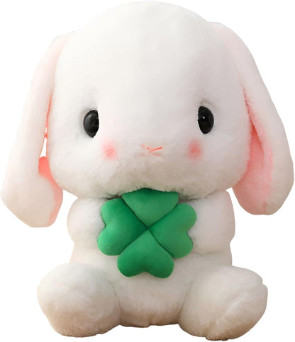 Soft Toy - Sitting Lop Eared Rabbit, Easter White Rabbit Stuffed Bunny Animal with Carrot Soft Lovely Realistic Long-Eared Standing Pink Plush Toys (White-Four Leaf,16.9in/43cm)