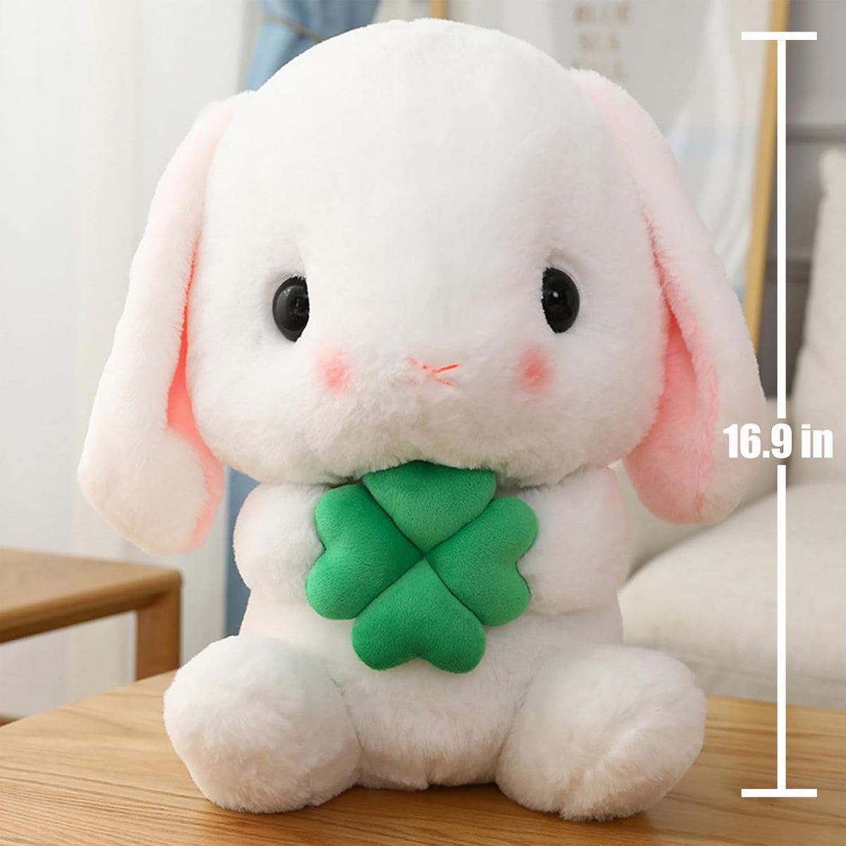 Soft Toy - Sitting Lop Eared Rabbit, Easter White Rabbit Stuffed Bunny Animal with Carrot Soft Lovely Realistic Long-Eared Standing Pink Plush Toys (White-Four Leaf,16.9in/43cm)