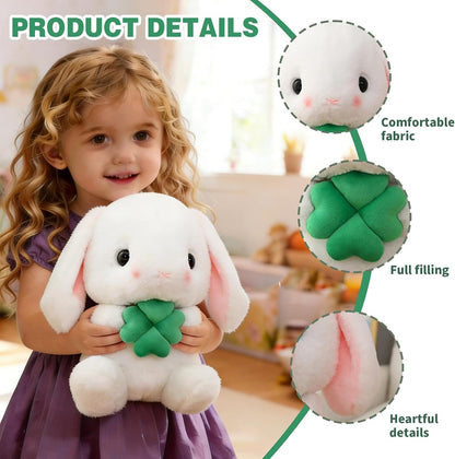 Soft Toy - Sitting Lop Eared Rabbit, Easter White Rabbit Stuffed Bunny Animal with Carrot Soft Lovely Realistic Long-Eared Standing Pink Plush Toys (White-Four Leaf,16.9in/43cm)