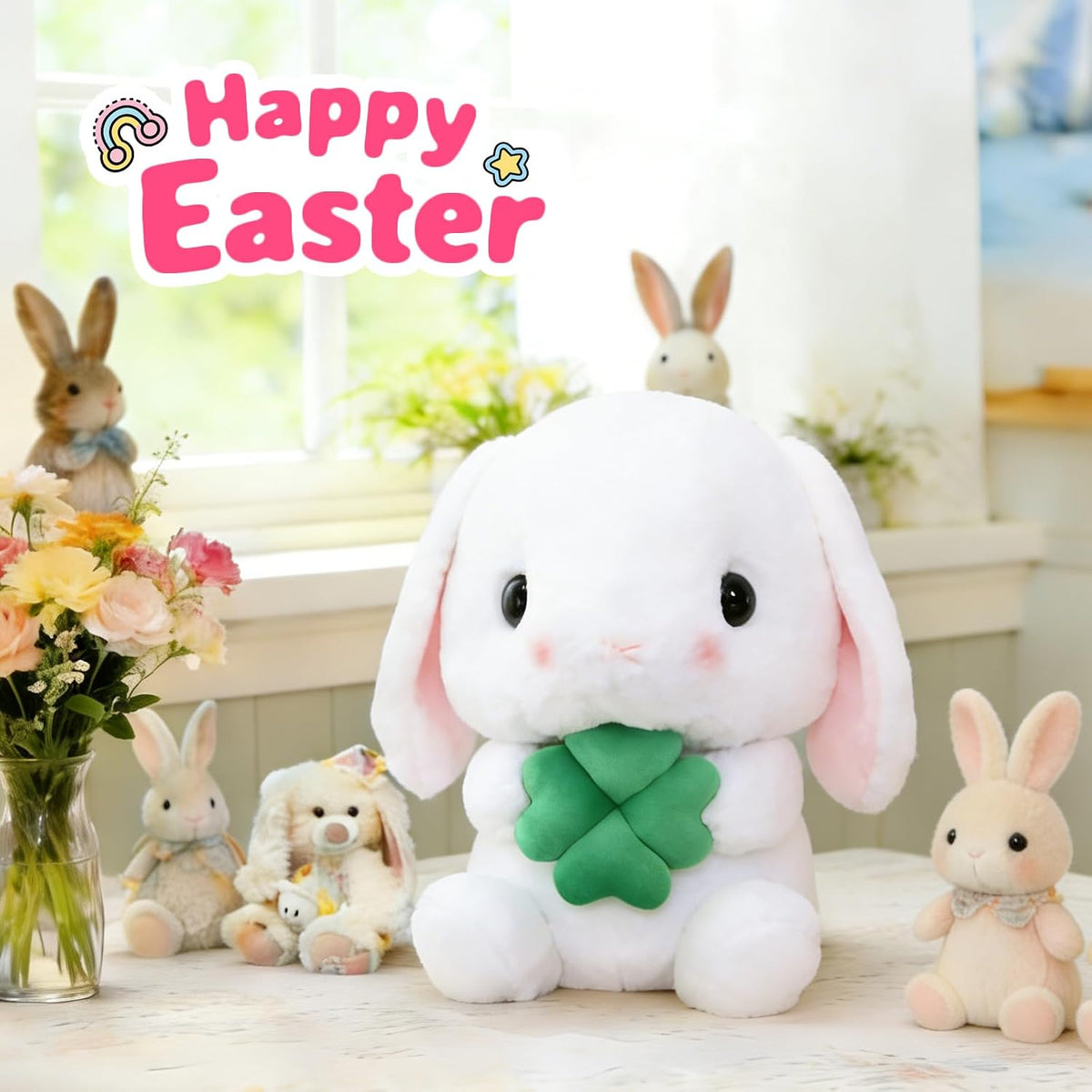 Soft Toy - Sitting Lop Eared Rabbit, Easter White Rabbit Stuffed Bunny Animal with Carrot Soft Lovely Realistic Long-Eared Standing Pink Plush Toys (White-Four Leaf,16.9in/43cm)