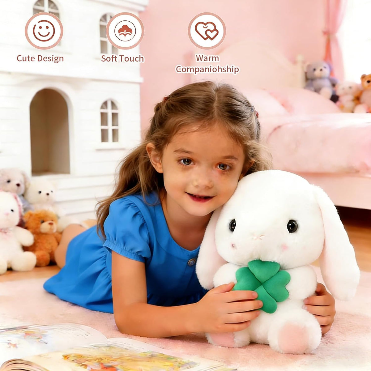 Soft Toy - Sitting Lop Eared Rabbit, Easter White Rabbit Stuffed Bunny Animal with Carrot Soft Lovely Realistic Long-Eared Standing Pink Plush Toys (White-Four Leaf,16.9in/43cm)