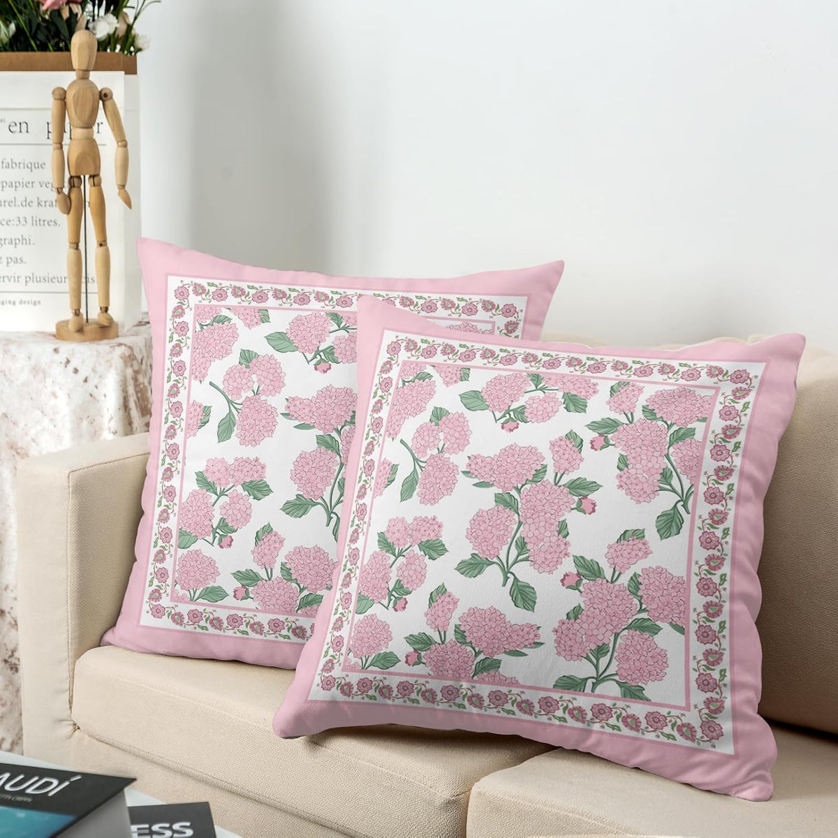 Hydrangea Pillow Covers 18x18 Set of 2 Pink Floral Throw Pillow Covers Spring Summer Decoarative Pillow Case Double Sided Printing Cushion Case for Couch Sofa Home