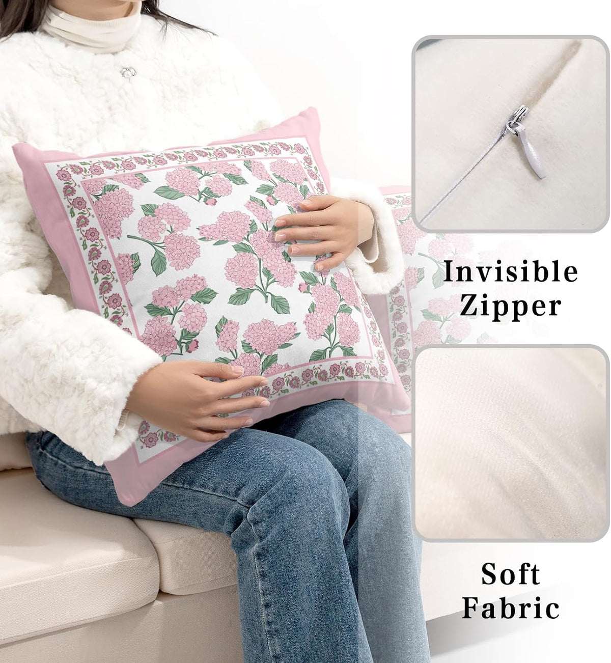 Hydrangea Pillow Covers 18x18 Set of 2 Pink Floral Throw Pillow Covers Spring Summer Decoarative Pillow Case Double Sided Printing Cushion Case for Couch Sofa Home
