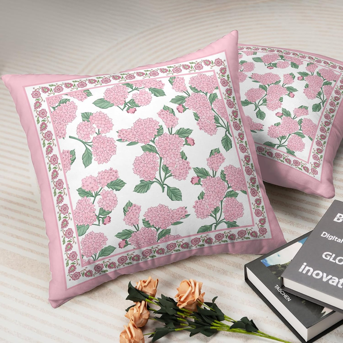 Hydrangea Pillow Covers 18x18 Set of 2 Pink Floral Throw Pillow Covers Spring Summer Decoarative Pillow Case Double Sided Printing Cushion Case for Couch Sofa Home