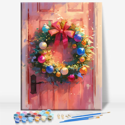 Pink Christmas Wreath Festival Framed Canvas DIY Paint by Numbers Kit Bar Cafe Cave Home Room Wall Bathroom Porch Patio Decor Gift, 16 x 12 Inch