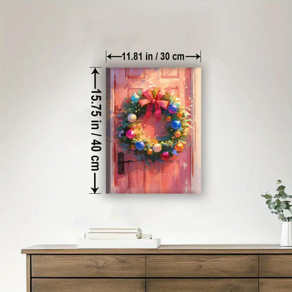 Pink Christmas Wreath Festival Framed Canvas DIY Paint by Numbers Kit Bar Cafe Cave Home Room Wall Bathroom Porch Patio Decor Gift, 16 x 12 Inch