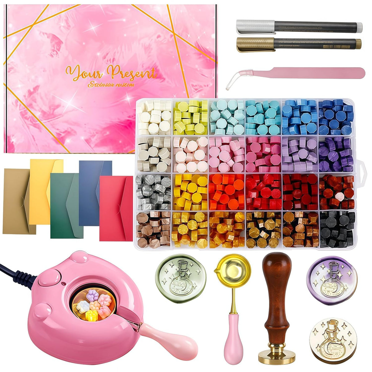 732 Pcs Wax Seal Stamp Kit Electric Wax Seal Warmer, 24 Colors