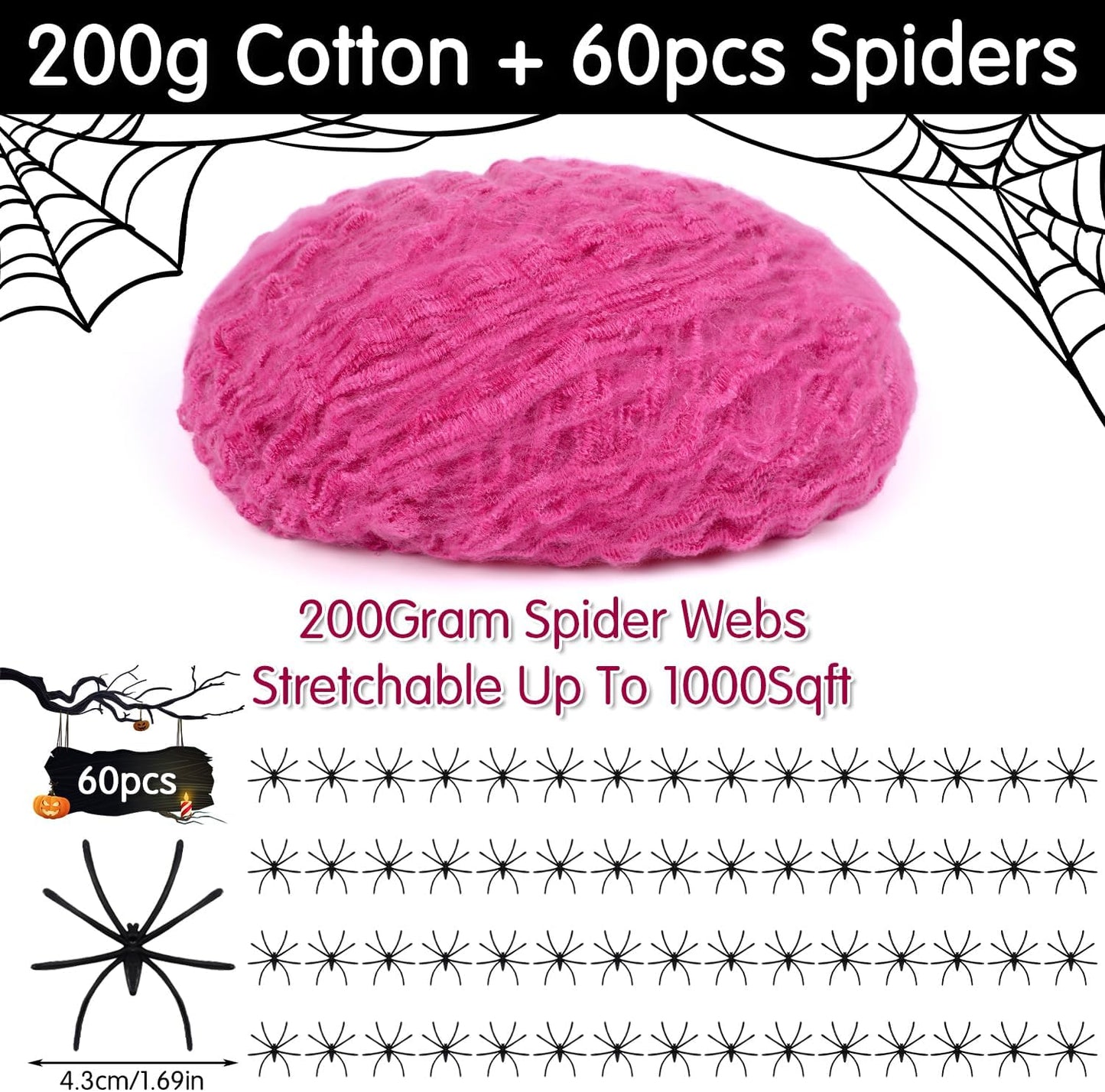1000Sqft Halloween Pink Spider Webs with 60 Extra Fake Spiders