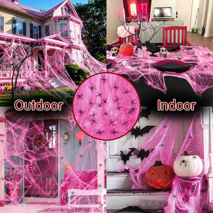1000Sqft Halloween Pink Spider Webs with 60 Extra Fake Spiders