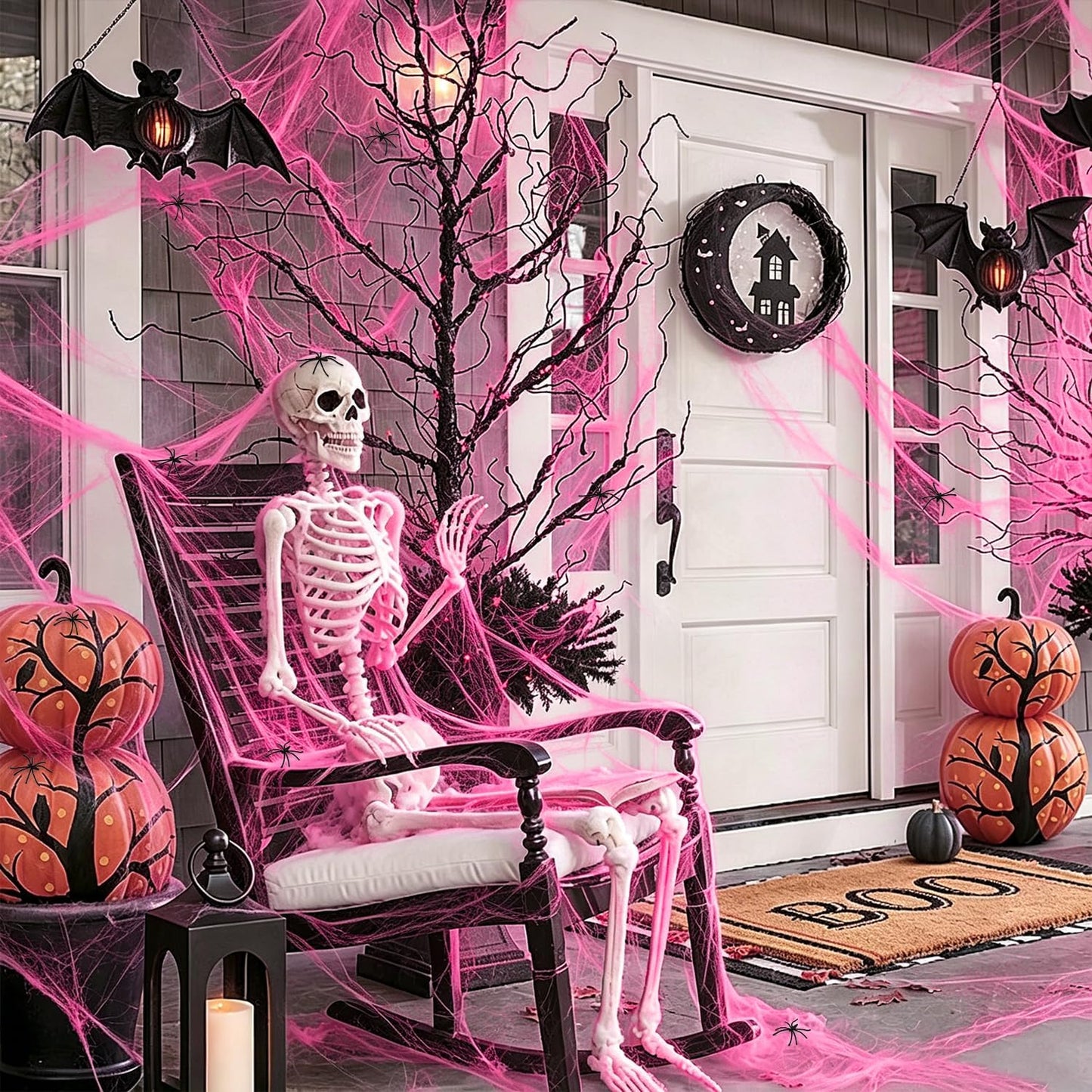 1000Sqft Halloween Pink Spider Webs with 60 Extra Fake Spiders