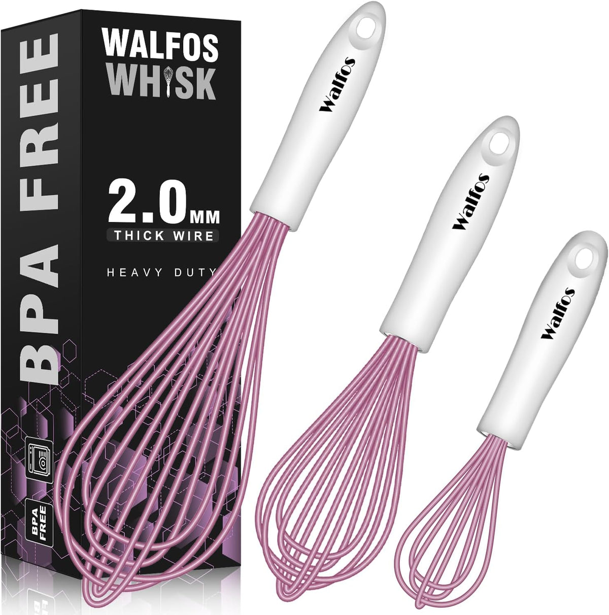 Whisk, Silicone Whisks for Cooking & Baking Non Scratch Rubber Coated Pink Whisk for Non-stick, Perfect for Frothing, Blending, Beating and Whisking (3pack Pink)