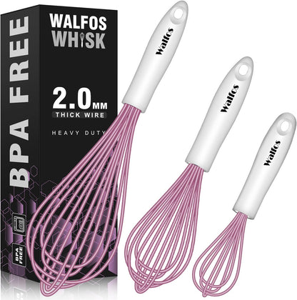 Whisk, Silicone Whisks for Cooking & Baking Non Scratch Rubber Coated Pink Whisk for Non-stick, Perfect for Frothing, Blending, Beating and Whisking (3pack Pink)