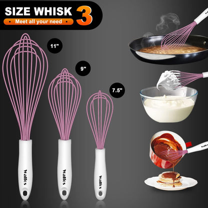 Whisk, Silicone Whisks for Cooking & Baking Non Scratch Rubber Coated Pink Whisk for Non-stick, Perfect for Frothing, Blending, Beating and Whisking (3pack Pink)