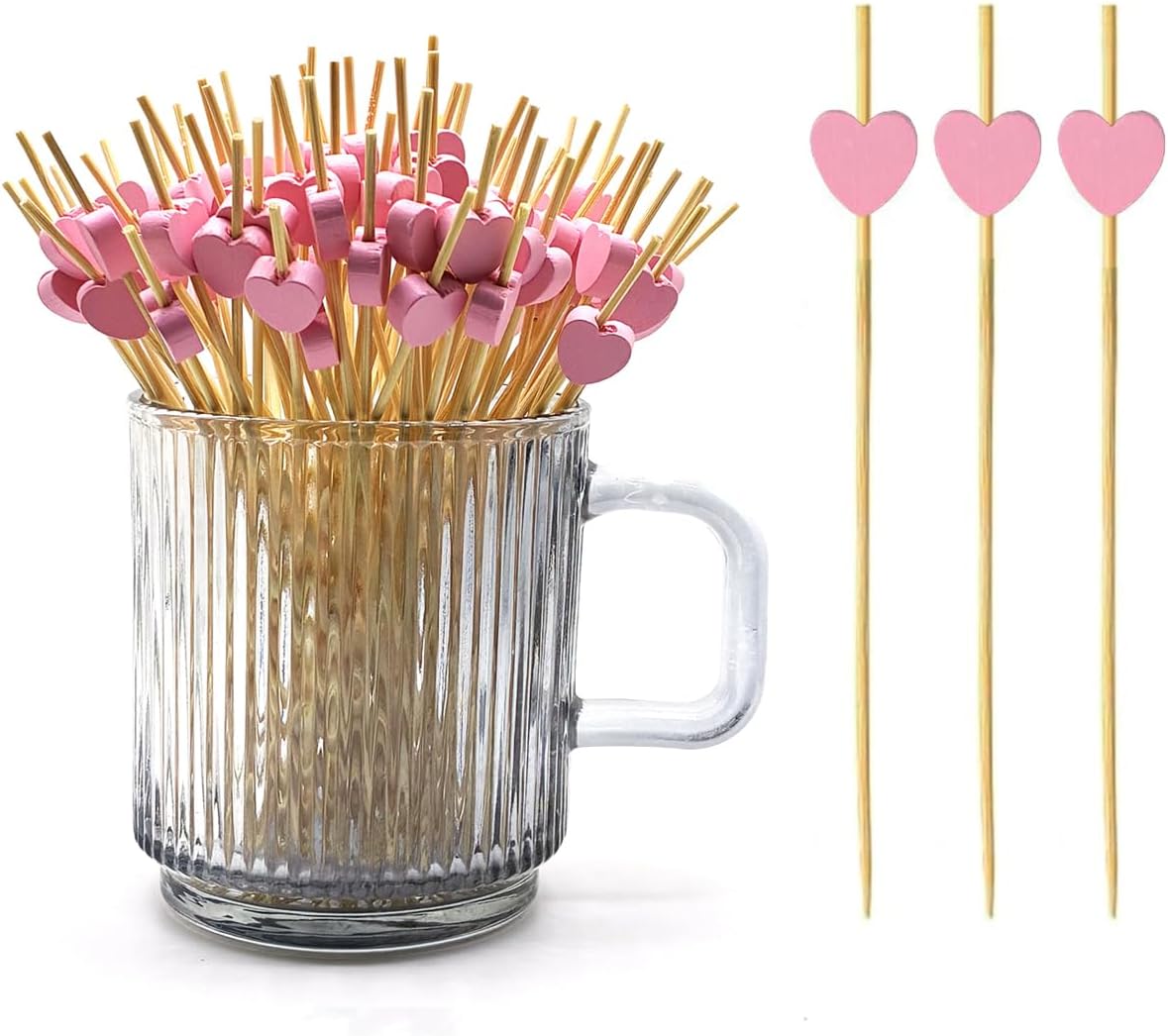 120 pcs 5.9 in long Pink heart Bamboo Cocktail, Heart Toothpicks for Appetizers, Natural Bamboo Food Picks for Valentines Day,Propose Marriage,Wedding Party.
