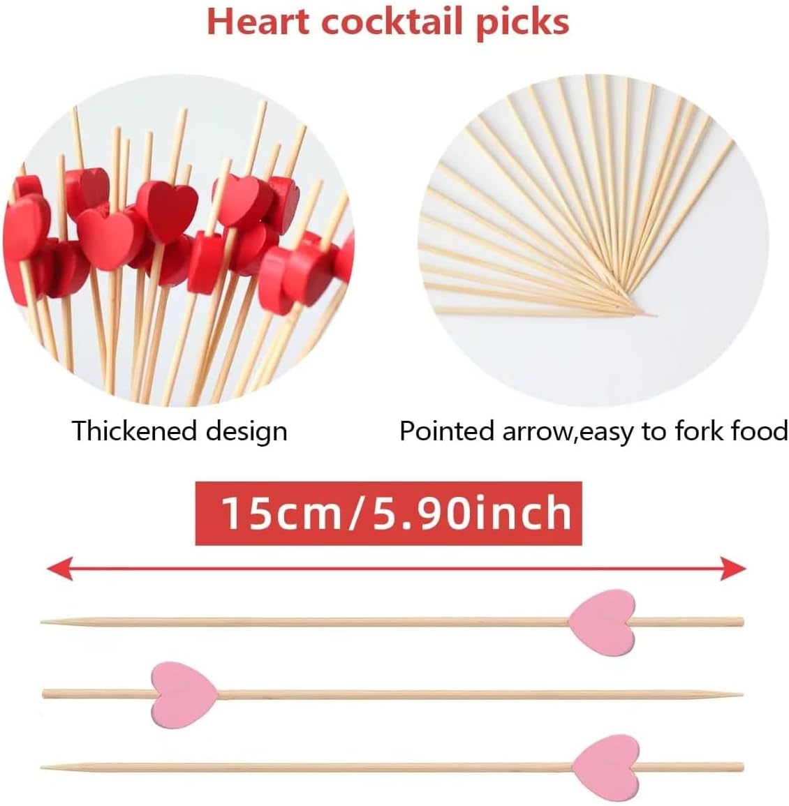 120 pcs 5.9 in long Pink heart Bamboo Cocktail, Heart Toothpicks for Appetizers, Natural Bamboo Food Picks for Valentines Day,Propose Marriage,Wedding Party.