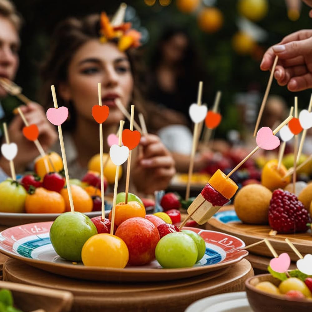 120 pcs 5.9 in long Pink heart Bamboo Cocktail, Heart Toothpicks for Appetizers, Natural Bamboo Food Picks for Valentines Day,Propose Marriage,Wedding Party.