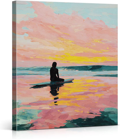 Pink Coastal Sunset Wall Art Pastel Beach Surfer Ocean Canvas Print Framed