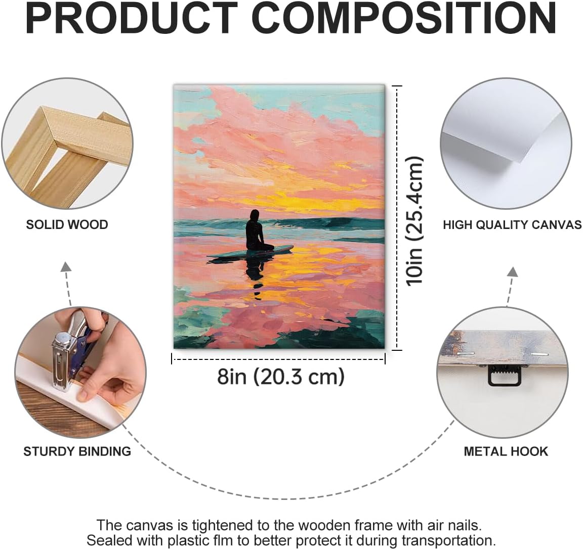 Pink Coastal Sunset Wall Art Pastel Beach Surfer Ocean Canvas Print Framed