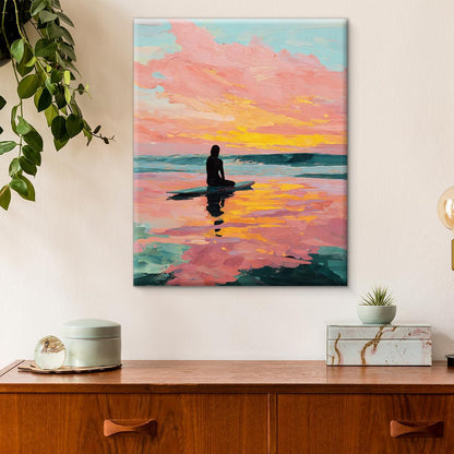 Pink Coastal Sunset Wall Art Pastel Beach Surfer Ocean Canvas Print Framed