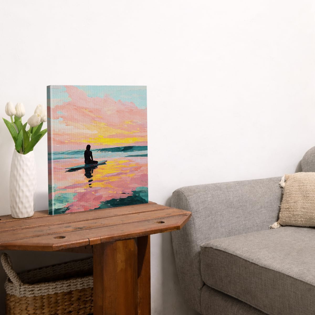 Pink Coastal Sunset Wall Art Pastel Beach Surfer Ocean Canvas Print Framed