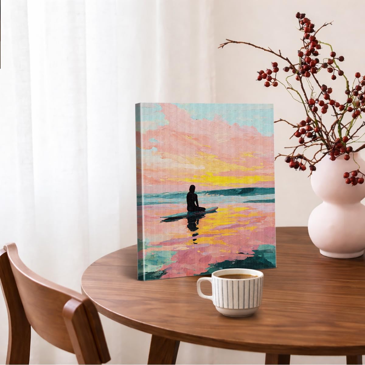 Pink Coastal Sunset Wall Art Pastel Beach Surfer Ocean Canvas Print Framed