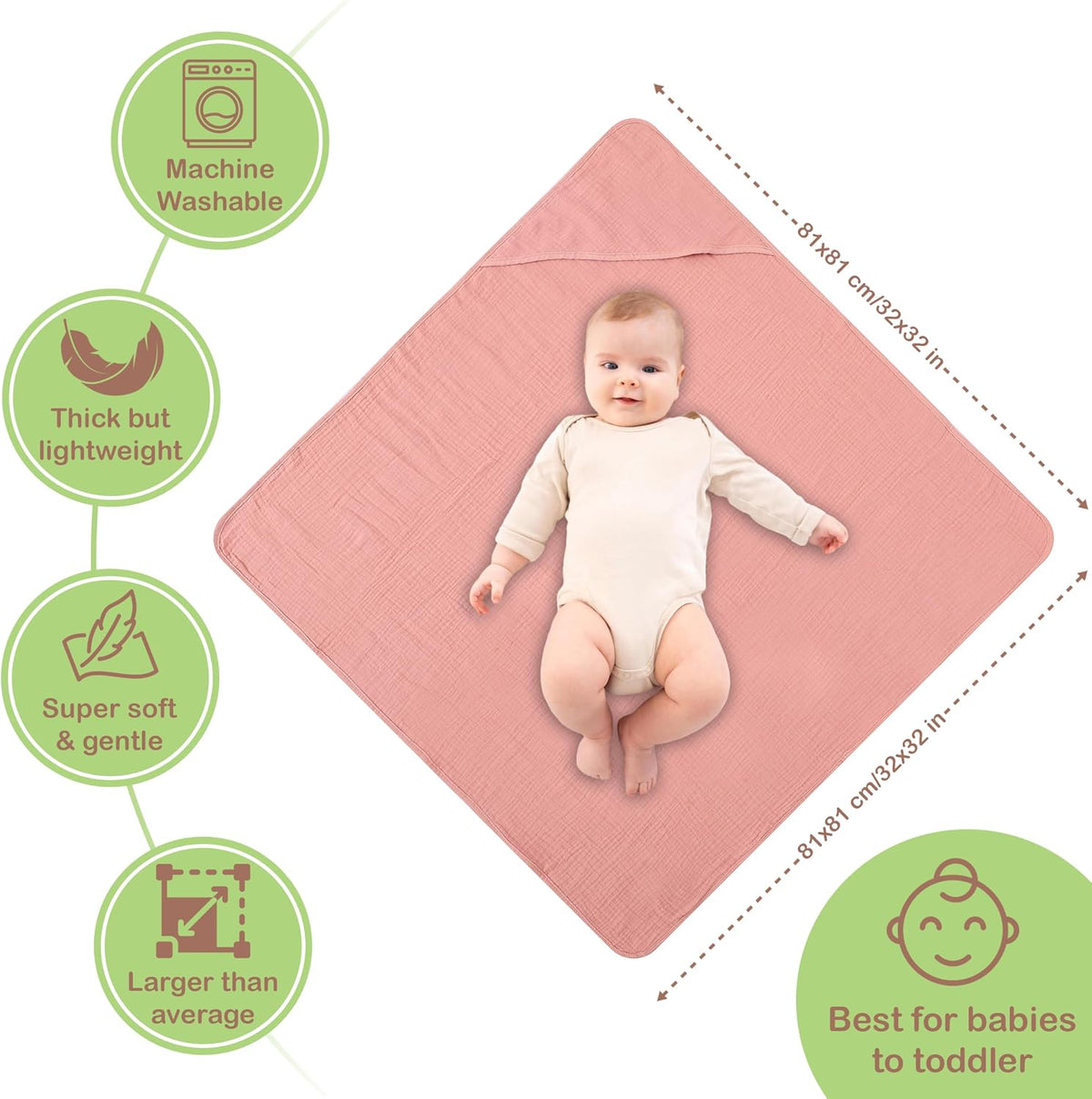 100% Organic Cotton 2 PK Muslin Baby Towels for Newborn 32x32 in