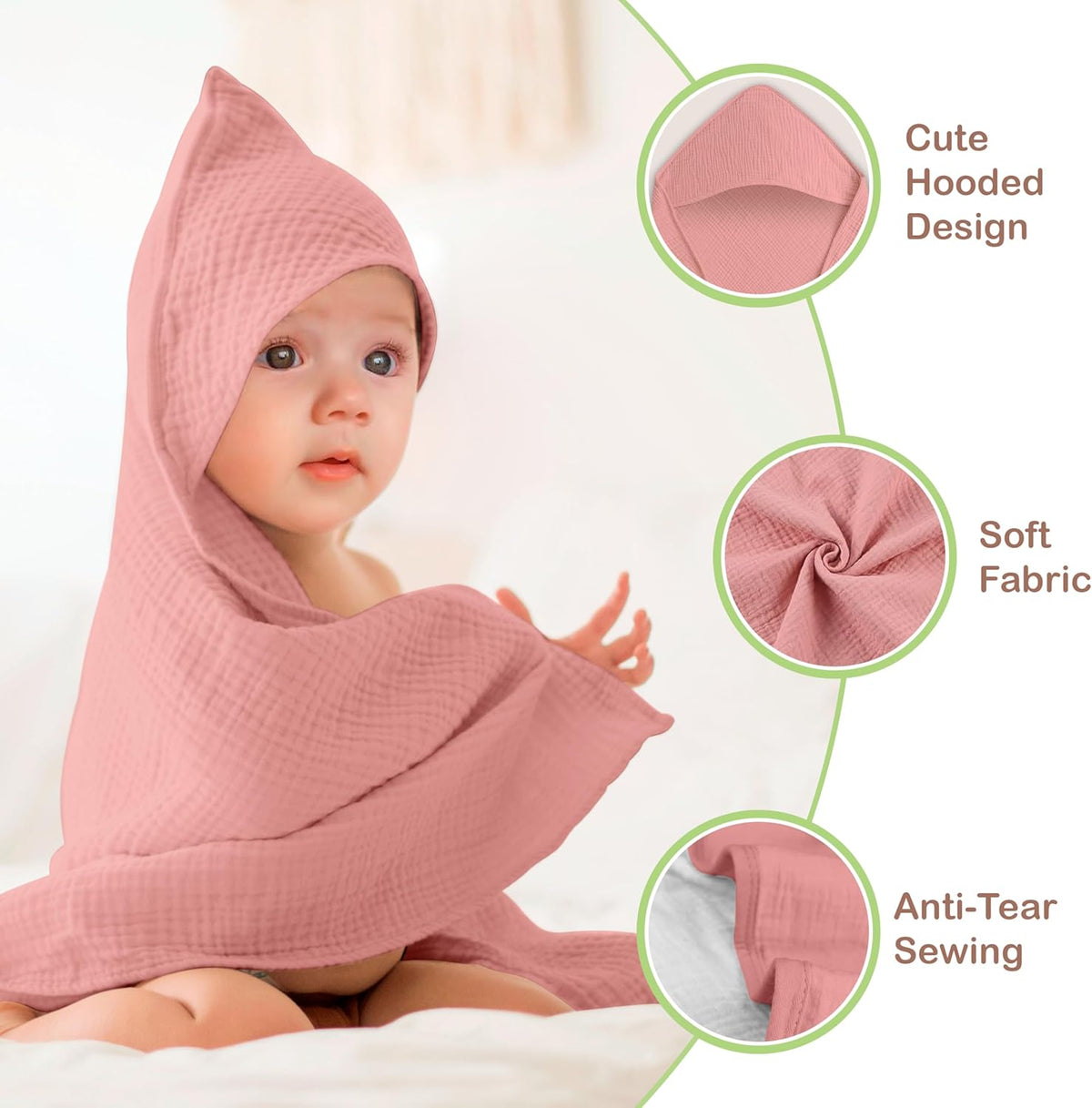 100% Organic Cotton 2 PK Muslin Baby Towels for Newborn 32x32 in