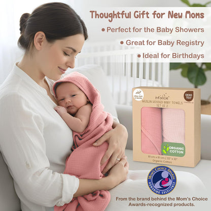 100% Organic Cotton 2 PK Muslin Baby Towels for Newborn 32x32 in