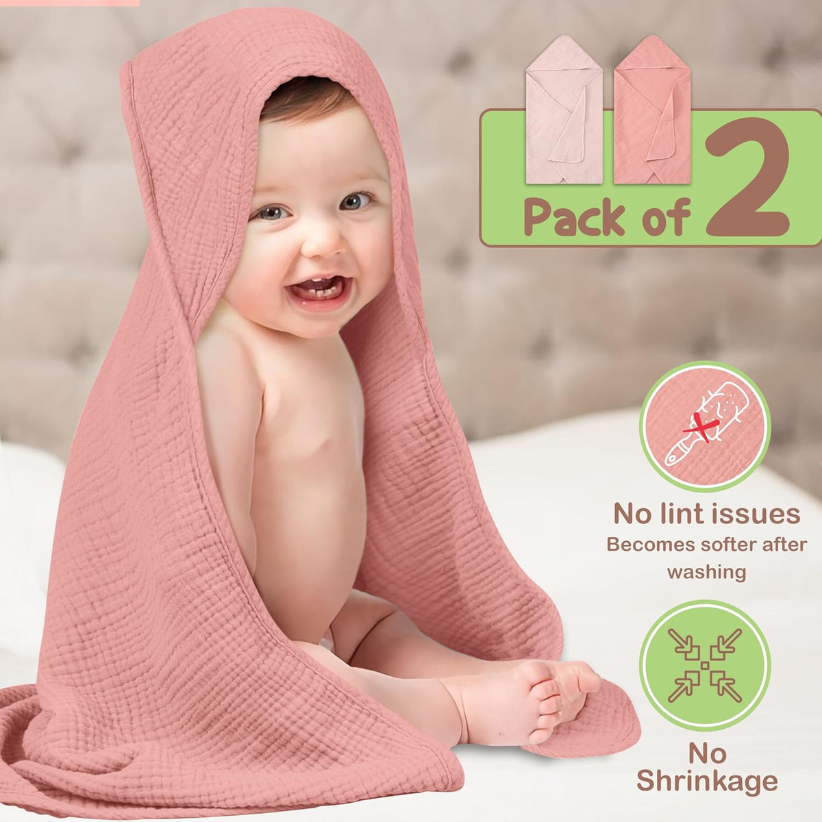 100% Organic Cotton 2 PK Muslin Baby Towels for Newborn 32x32 in