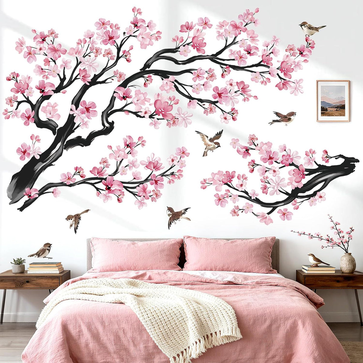 Pink Flowers Wall Decals Tree Branch Birds Wall Stickers (XL)